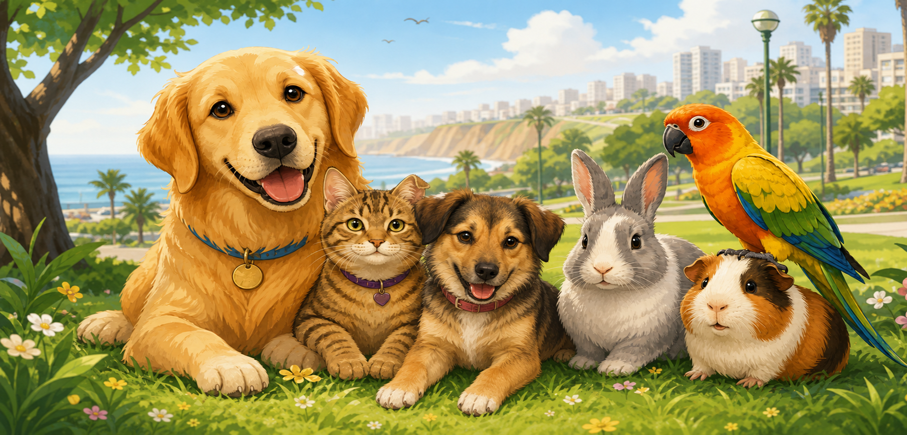 Ilustración de perros, gatos y otros animalitos reunidos en comunidad